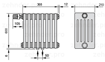 Схема (чертеж) Радиатор Zehnder Charleston 6060/8 №V007 Белый глянцевый RAL 9016